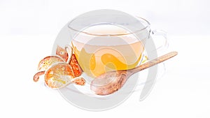 Herbal drink, Bael fruit juice, dried in a clear glass cup. healthy
