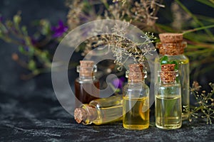 Herbal essential oils in glass bottles. Aromatherapy, spa, massage, skin care and alternative medicine concept