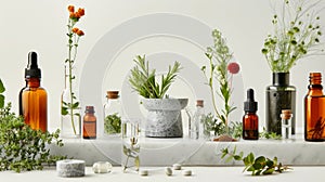 Herbal extracts in glass vials, medicinal herbs, mortar and assorted homeopathic tools on white background. Concept of