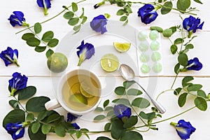Herbal healthy drinks honey lemon tea and cough sore throat pills