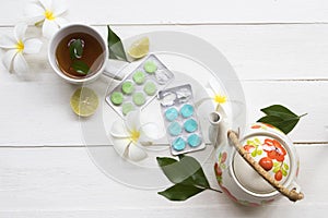 Herbal healthy drinks hot lemon tea and lozenge for health care sore throat