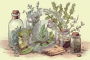 Herbal illustration with glass bottles, vintage