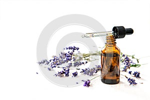 Herbal lavender oil dried laverder flowes white background