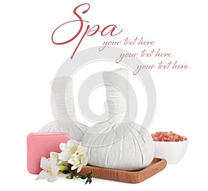 Herbal massage bags, soap, flowers and sea salt on white background, space for text