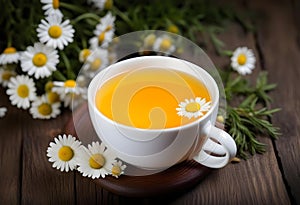 herbal matricaria chamomile tea in a porcelain cup on a dark wooden background