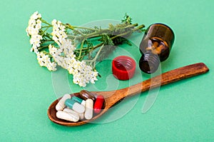 Herbal medical capsules, pills from medicinal plants on green background