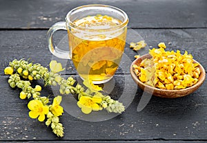 Herbal medicinal tea drink made of Verbascum thapsus, the great mullein, greater mullein or common mullein.