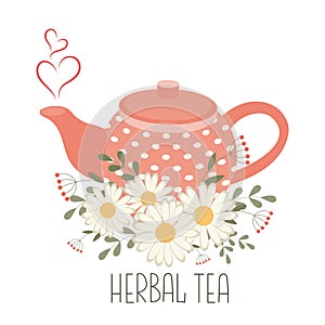 Herbal medicinal tea, healthy drink. Teapot and cup with herbal tea and chamomile flowers. Illustration vector