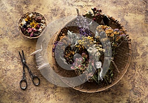 Dried herbs and flowers for herbal tea, top view