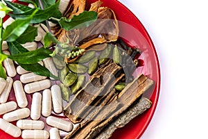 Herbal medicine concept. High angle shot of assorted spices Cinnamon, cardamom, javitri and ayurvedic capsules in a plate on white