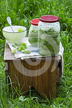 Jars of spruce sprouts and sugar, and ingredients for making syrup.