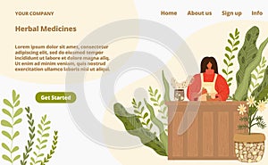 Herbal medicine from natural plants landing page vector illustration. Alternative complementary medicine from herbs.