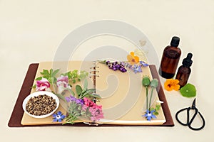 Herbal Medicine Preparation with Herbs Flowers and Essential Oil photo