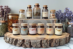 Herbal medicine tinctures and essential oils in glass bottles on wooden background