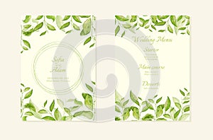 Herbal minimalistic vector frame. Hand painted branches on white background. Greenery wedding invitation. Watercolor