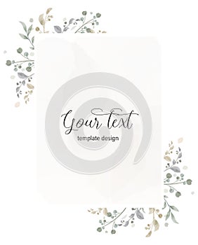 Herbal minimalistic vector frame. Hand painted plants, branches, leaves on a white background. Wedding invitation