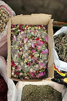 Herbal mixture for tea at the street shop in Lahic, Azerbaijan