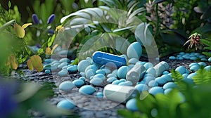 herbal natural blue pills on herbal nature background, AI Generated.