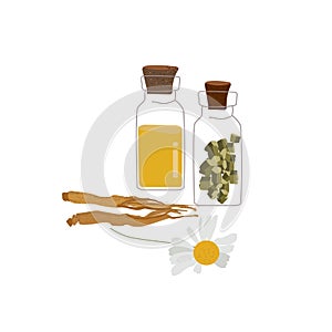 Herbal natural medicine icons, organic chamomile therapy vector illustration isolated on white.