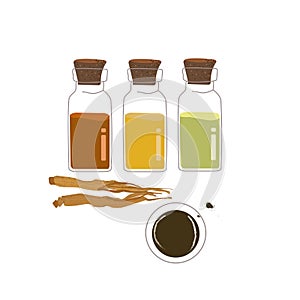 Herbal natural medicine icons, organic oils therapy from green plants and herbs, vector illustration isolated on white.