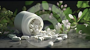 herbal natural pills on green background, AI Generated