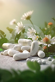 herbal natural pills on green background, AI Generated