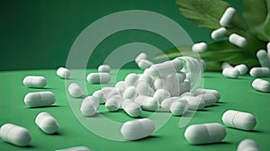 herbal natural pills on green background, copy space, AI Generated