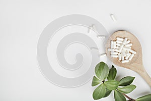 Herbal pills in wooden spoon and green plant leaves on white background.