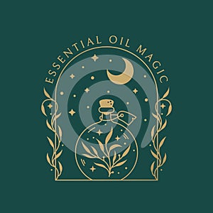 Herbal potion logo. Magic boho emblem with bottle and moon