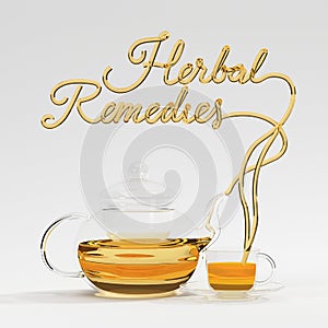 Herbal remedies quote with teapot and cup 3D rendering