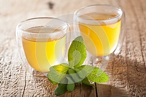 Herbal sage tea with green leaf in glass cup