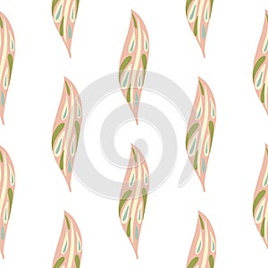 Herbal seamless pattern with abstract eaf silhouettes print. Pastel pink ornment on white background