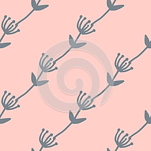 Herbal seamless pattern with navy blue flowers silhouettes. Pink background. Minimalistic design