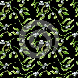Herbal Seamless Pattern of Watercolor Light Green Mistletoe