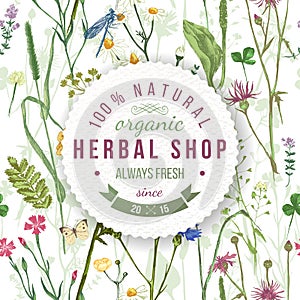 Herbal shop round emblem with herbs and flowers