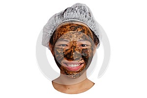 Herbal skin care. Woman getting facial mask isolated