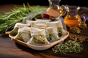herbal sleep-aiding tea sachets on a wooden table