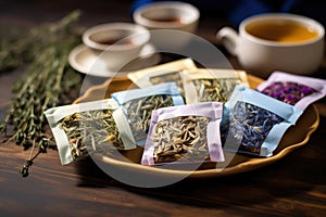 herbal sleep-aiding tea sachets on a wooden table