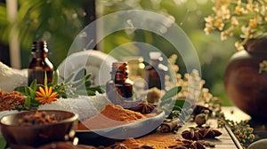 Herbal spa setup with natural elements and oils