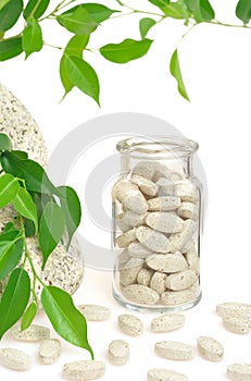 Herbal supplement pills and fresh leaves