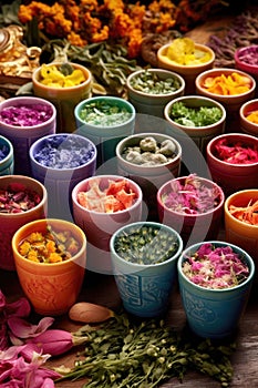 herbal tea assortment in colorful teacups