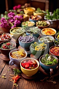 herbal tea assortment in colorful teacups