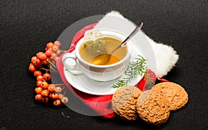 Herbal tea. Ceramic cup hot fresh brewed tea beverage. Health care folk remedies. Warm winter beverage. Cafe restaurant