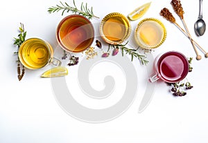 Herbal tea collection glasses on white background