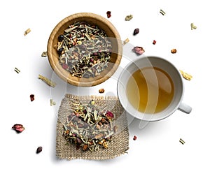 Herbal tea and Cup on white background. The view from the top