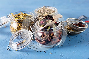 Herbal Tea Dried Herbs and Berry Dried Various Herbs in a Wooden Spoon on Glas Jar with Rashes of Herbs on Background