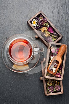 Herbal tea and dried herbs and flowers. top view