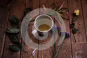 Herbal tea with dried plants on a wood background