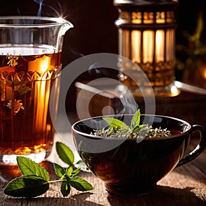 Herbal tea, fresh brewed herbal drink with asian tea leaves