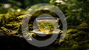 Herbal tea in glass cup, natural forest background. Healing Useful tea